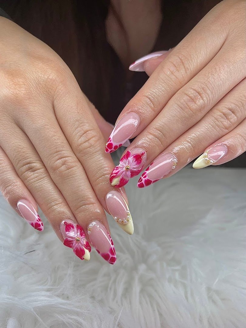Manicures on a clean salon workstation.