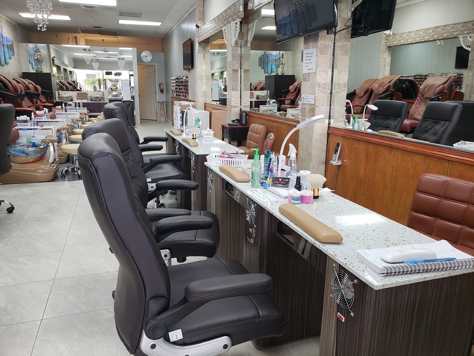 Manicures on a clean salon workstation.