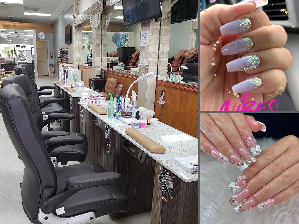 Manicures on a clean salon workstation.