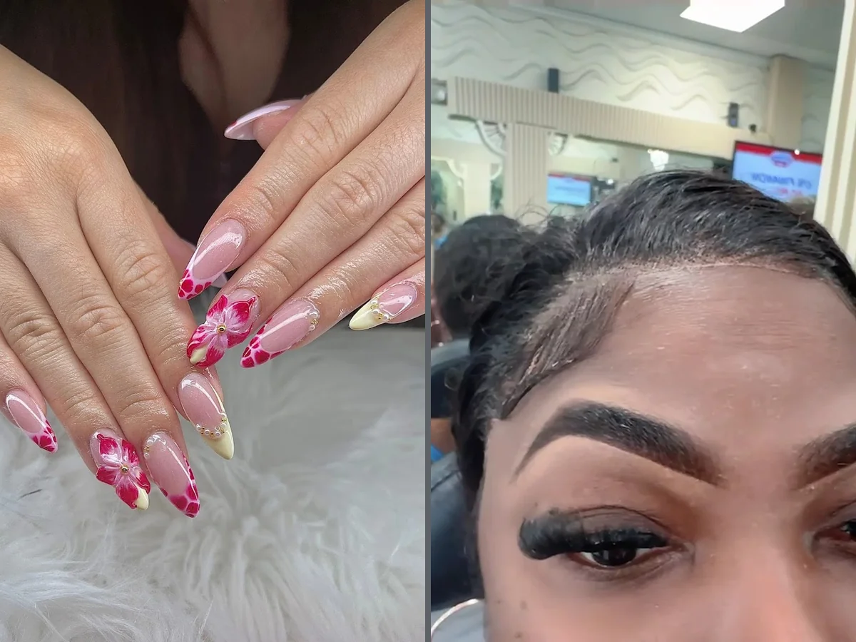 Manicures on a clean salon workstation.